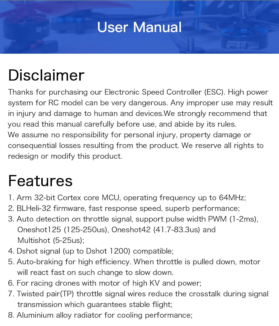 T-MOTOR F35A ESC, high power system for RC model can be very dangerous . any improper use may result in