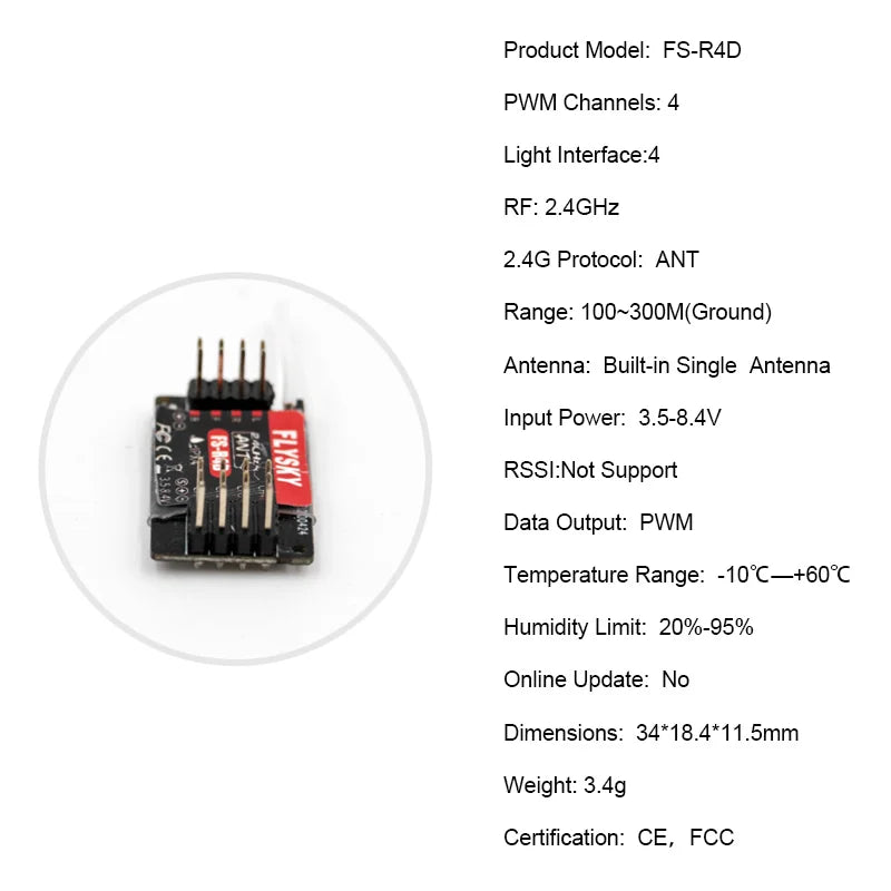 Flysky 2.4G ANT Protocol Receiver, FS-R4D PWM Channels: 4 Light Interface.4 RF: