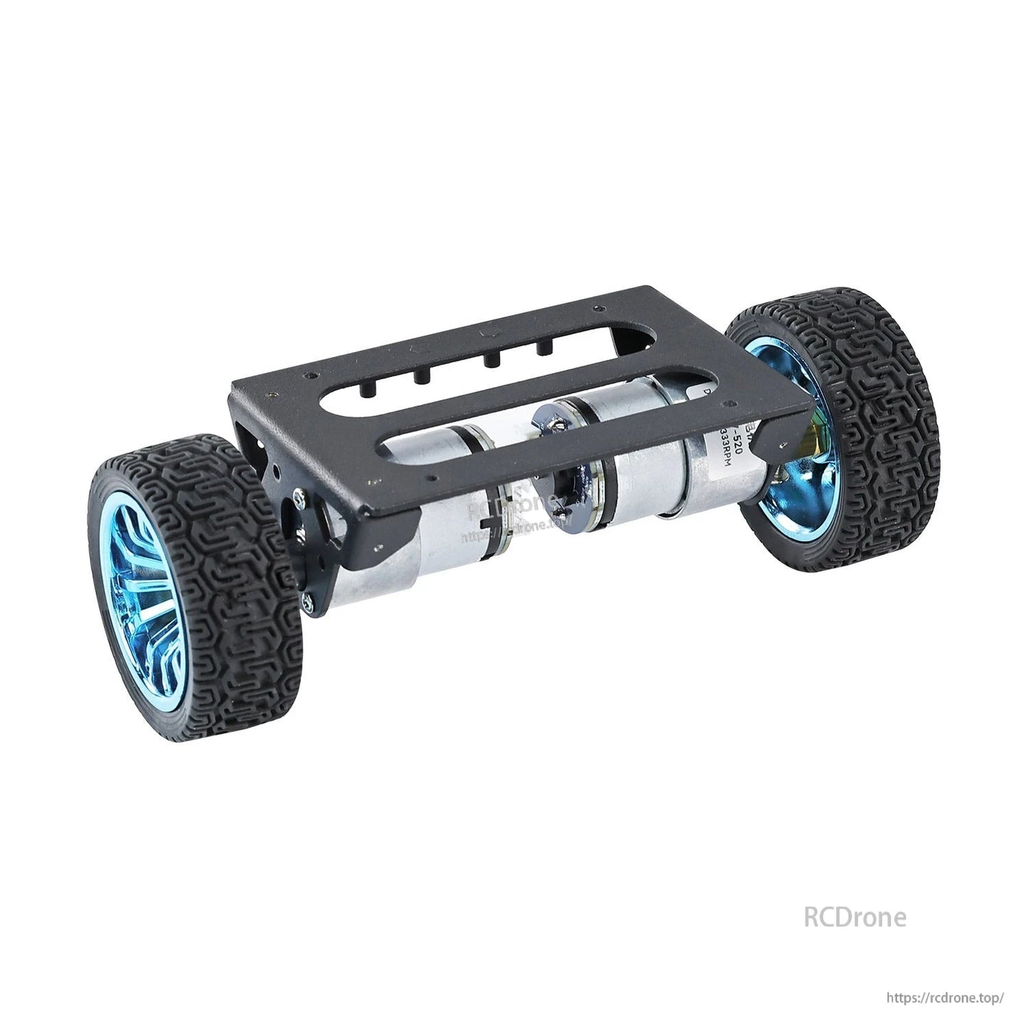Bottom view of chassis frame with two motors and wheels, showing open center slot for mounting