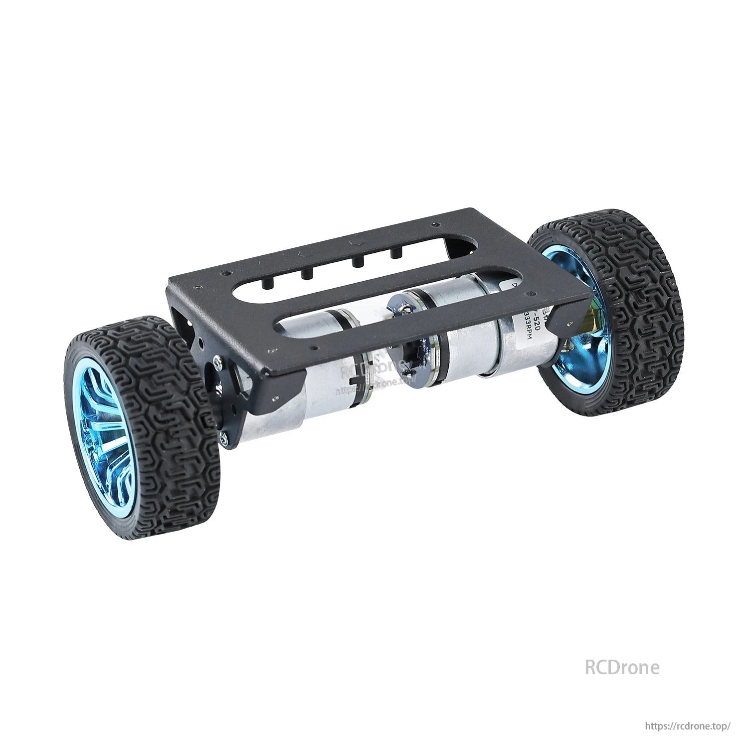 Bottom view of chassis frame with two motors and wheels, showing open center slot for mounting