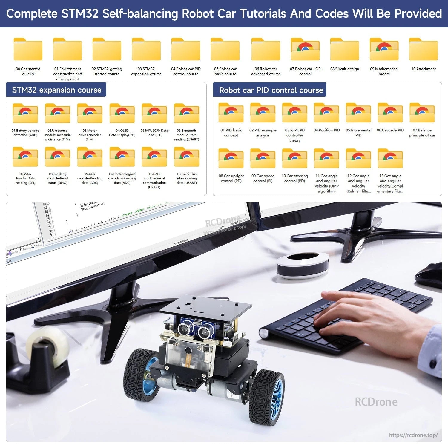 Tutorial and code course graphic with robot car on desk beside computer monitor and keyboard