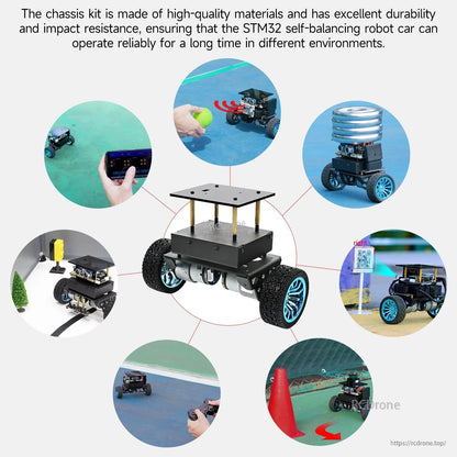Self-balancing robot car shown in multiple use scenarios, including obstacle sensing and remote control demo
