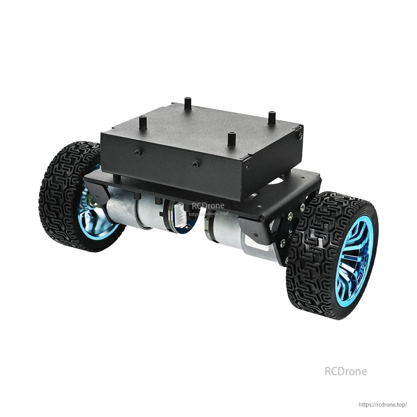 Robot car chassis with enclosed battery box mounted on top, front angle view on white background