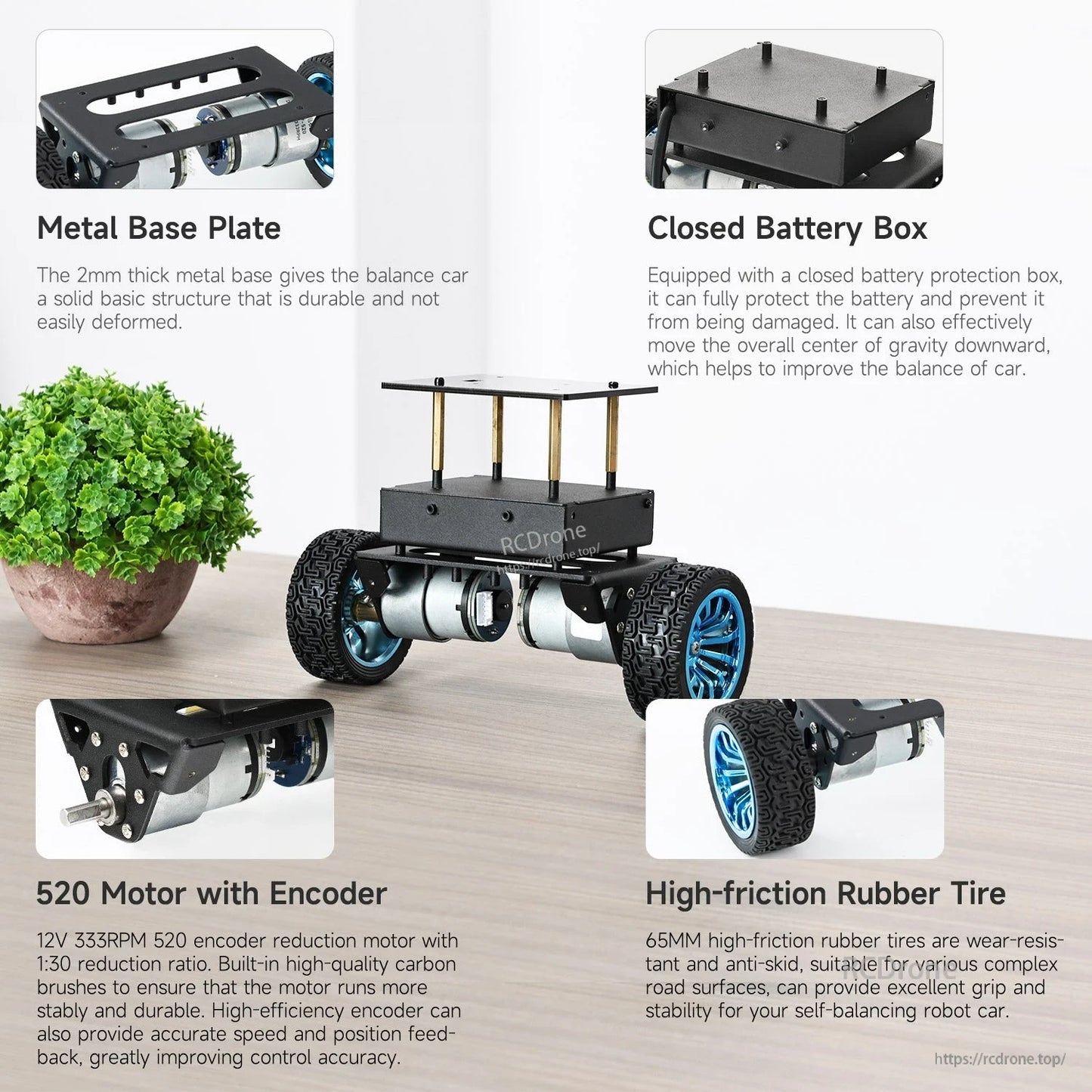 Self-balancing robot car chassis features: metal base plate, closed battery box, encoder motors, rubber tires