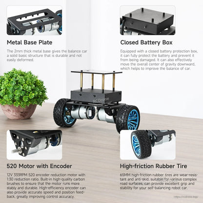 Self-balancing robot car chassis features: metal base plate, closed battery box, encoder motors, rubber tires