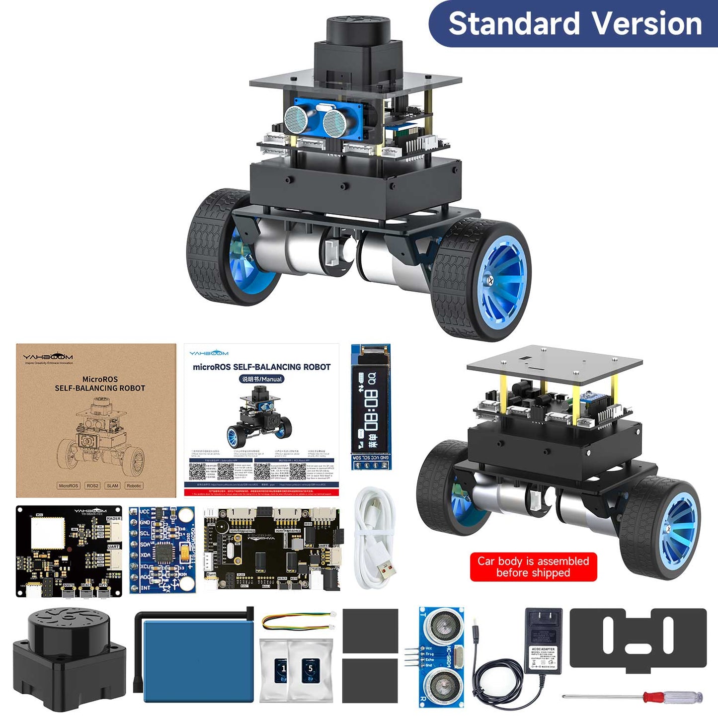 Yahboom MicroROS self-balancing robot standard version kit contents and assembled chassis overview