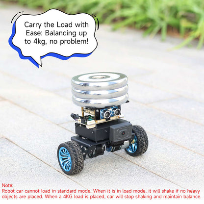 Self-balancing robot carrying stacked metal weights on top platform, outdoor load demo graphic