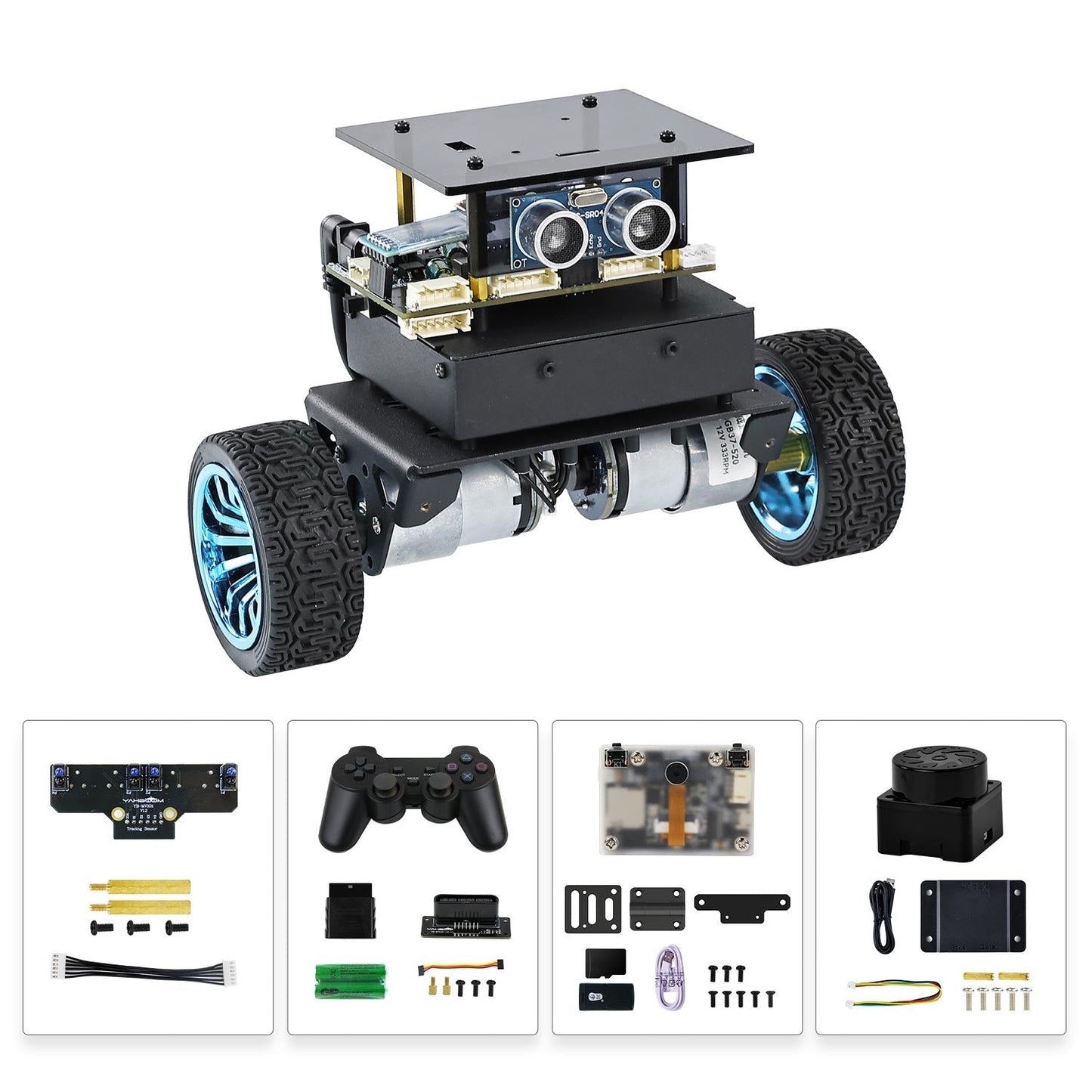 STM32 self-balancing robot car expansion accessories kit installed on two-wheel chassis, module bundle shown