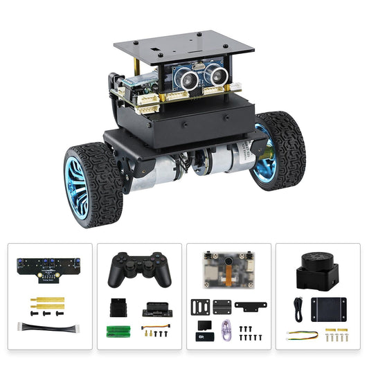 STM32 self-balancing robot car expansion accessories kit installed on two-wheel chassis, module bundle shown
