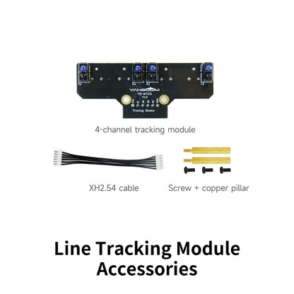 Line tracking module accessories: 4-channel tracking sensor board, XH2.54 cable, screws and copper pillars