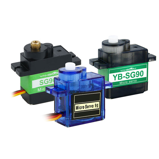 Yahboom YB-SG90 9g digital micro servo shown with blue 9g micro servo and SG90M metal-gear version