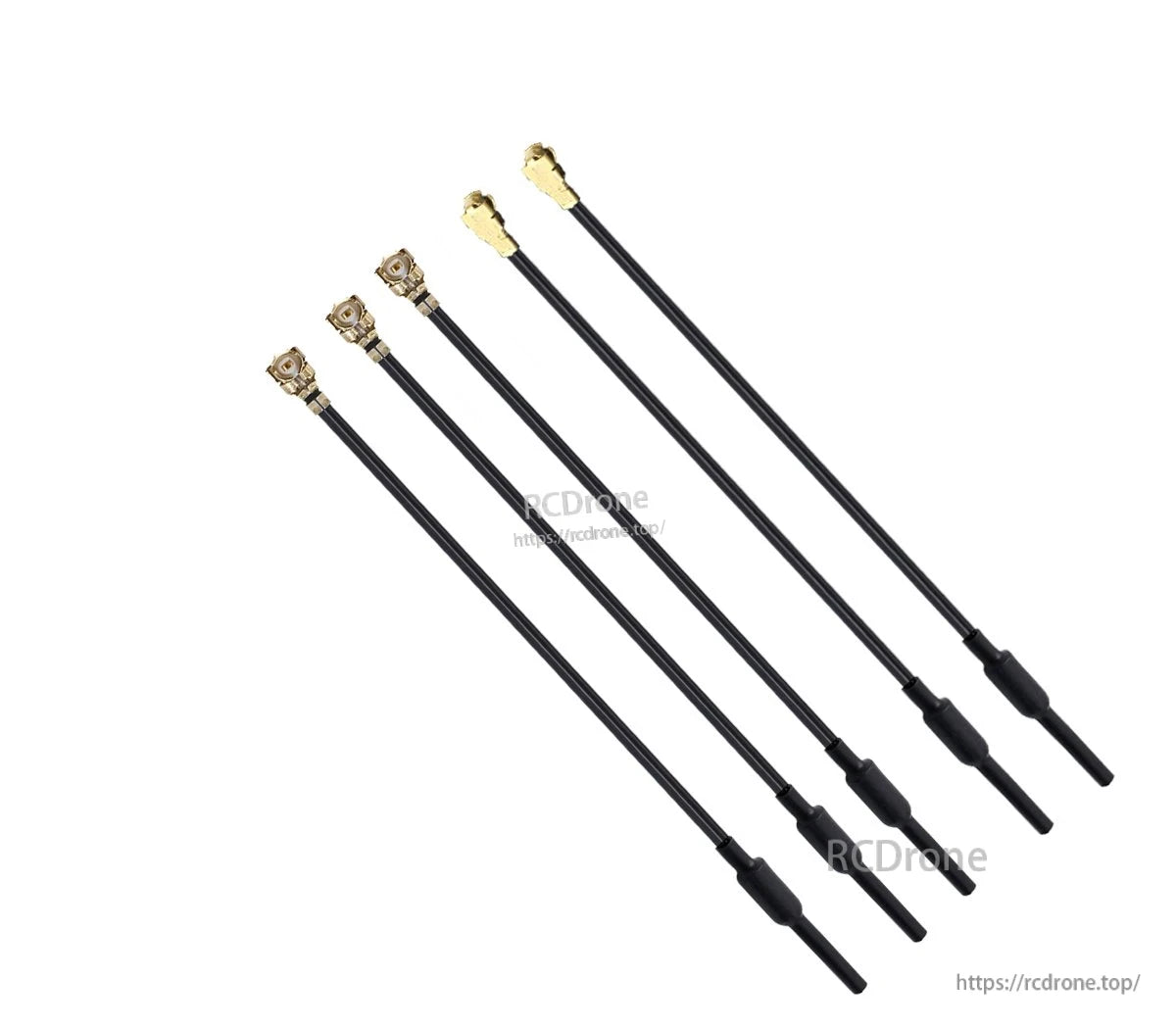 Set of five black antenna coax leads with gold RF connectors and slim heat-shrink tips for compact installs