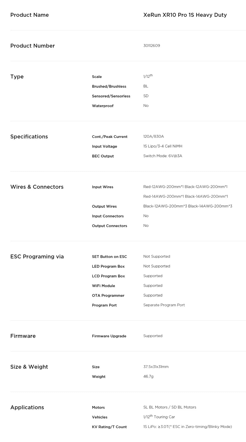 HOBBYWING XeRun XR10 Pro 1S, XeRun XRIO Pro IS Heavy Duty Product Number 30112609