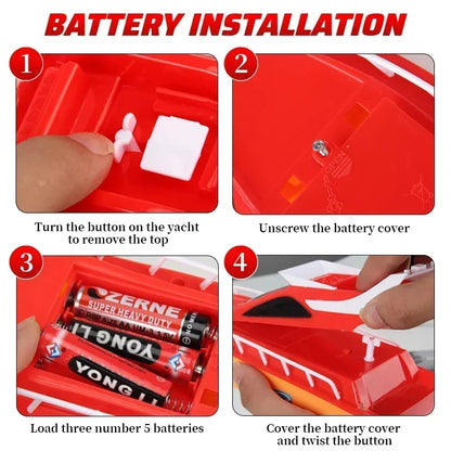 Mini RC Boat, Insert three AA batteries after removing cover by turning button; close cover and twist button to secure.