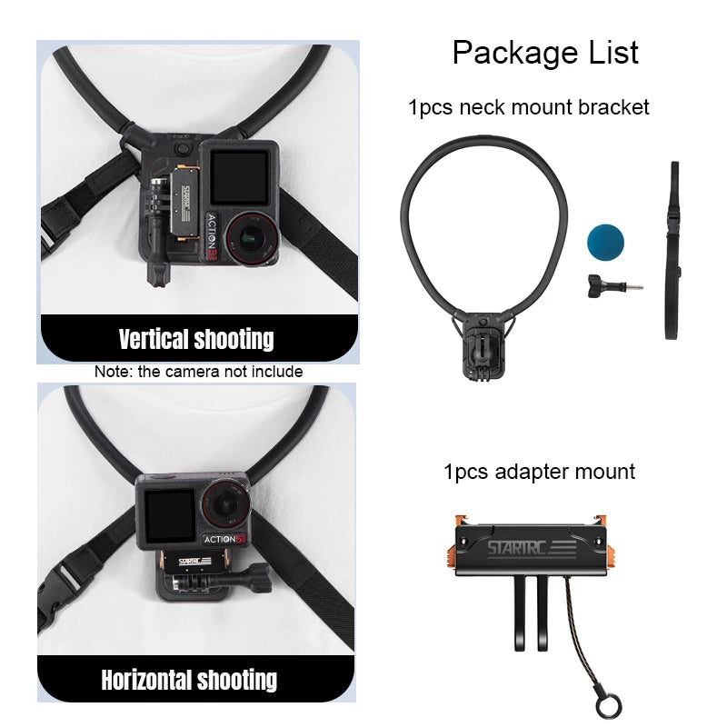 STARTRC Neck Hanging Mount Bracket, Neck mount bracket for action cameras, includes adapter and vertical/horizontal shooting options
