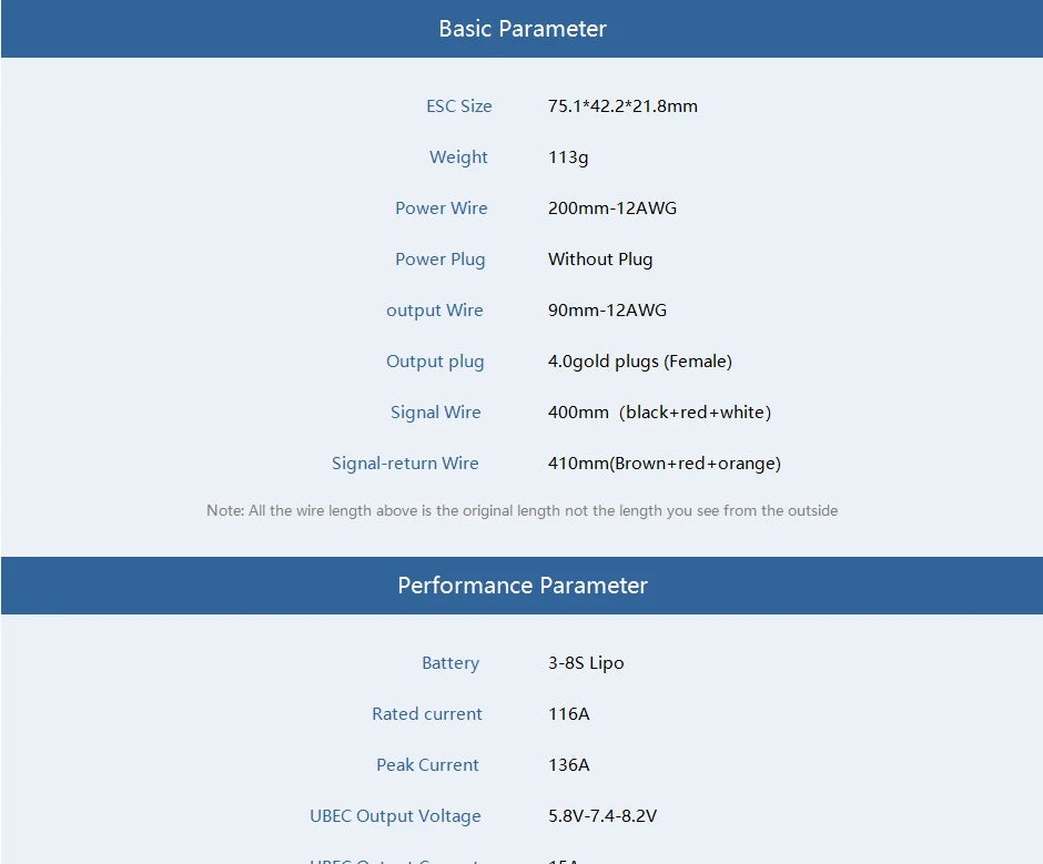 T-MOTOR AM116A ESC, Basic Parameter ESC Size 75.1*42.2*21.8mm Weight 113g