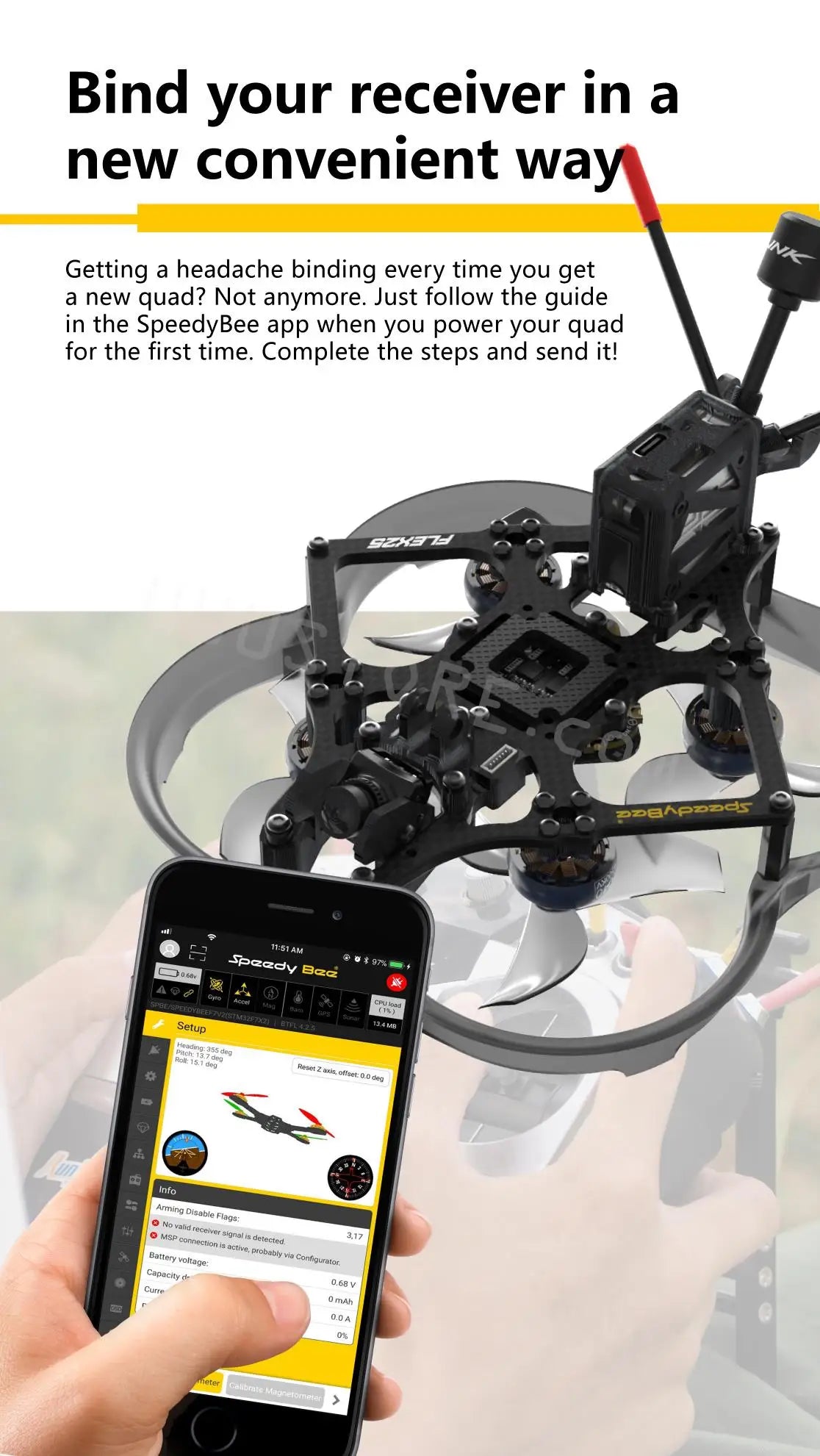 SpeedyBee Flex25 - HD 78mm F7 35A AIO 4S 2.5 Inch CineWhoop RC FPV Racing Drone BNF with Runcam Falcon 120fps Digital Camera Toys 11 SpeedyBee Flex25, follow the in the SpeedyBee app when you power your quad for the first time: