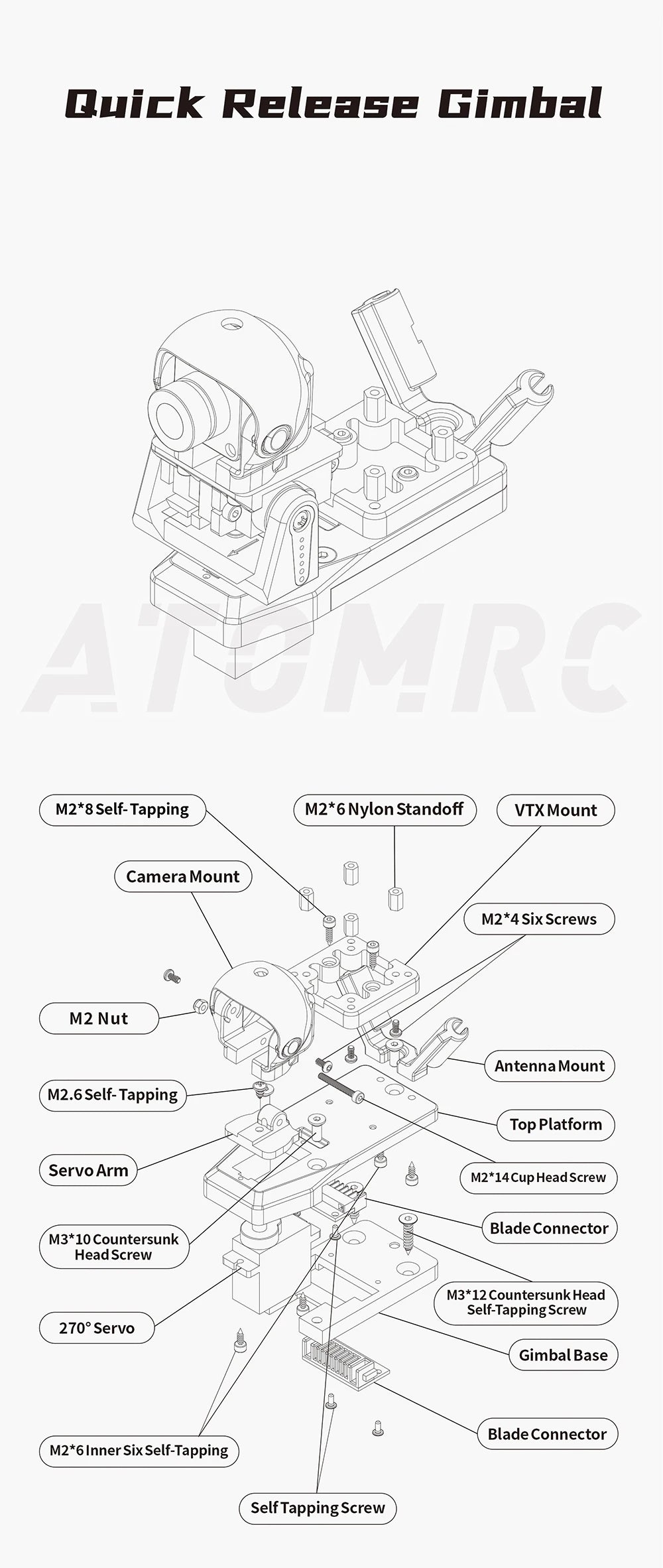 ATOMRC 1 Axis 2 Axis Gimbal - Hi-Resolution Wide Angle Range Gimbal with Servo for FPV Airplane Fixed Wing for RC Model 13 ATOMRC 1 Axis 2 Axis Gimbal, Quick Release Gimbal ARC M2*8 Self-Tapping M2
