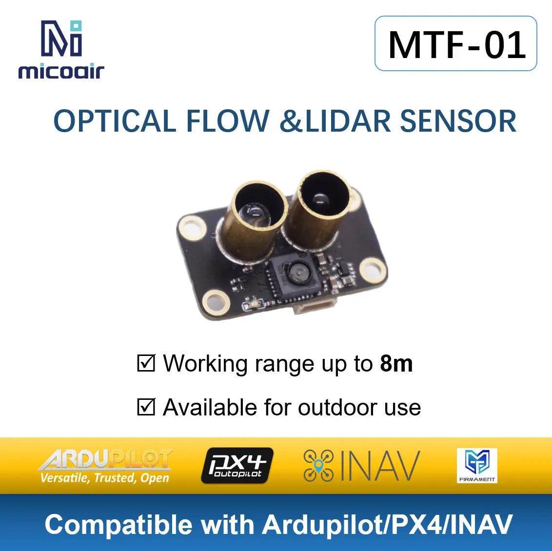 MTF-01 MicoAir Optical Flow Lidar Sensor, Long-range lidar sensor for outdoor use, compatible with ArduPilot, PX4, and INAV platforms.