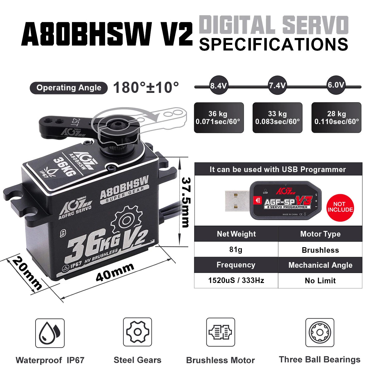 AGFRC A80BHSW V2, ABOBHSW V2 SPECIFICATIONS Operating Angle 180*+108 8.