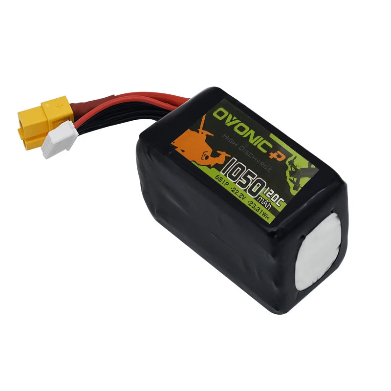 Ovonic 6S 22.2V 1050mAh 120C Lipo Battery, Ovonic 22.2V 1050mAh LiPo battery for RC drones with high discharge rate and XT60 plug.