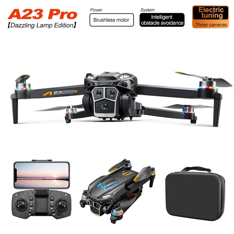 A23 Pro  Drone, The A23 Pro Drone features an electric power system, brushless motor, intelligent tuning, obstacle avoidance, and three cameras with dazzling lamp edition.