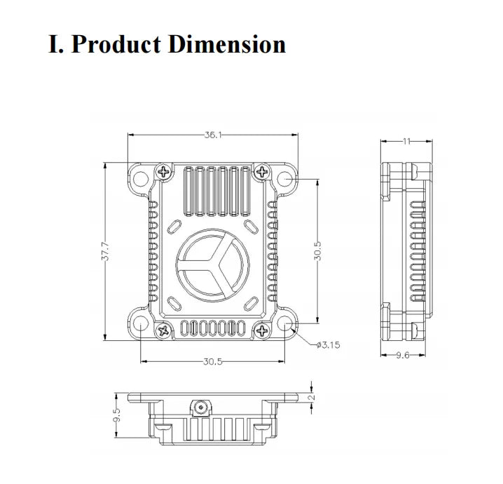 3.3G 3W MAX Analog VTX, Wireless receiver frequency range: 16 channels, 3320-3495 MHz.