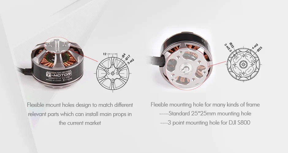 T-motor MN4010 KV370 KV475 KV580 2.2KG Thrust High quality Tiger Motor For UAV Drones Quadcopters hexacopter Professional Boats 11 T-motor, 4,8 Mbalal Flexible mount holes design to match different Standard 25