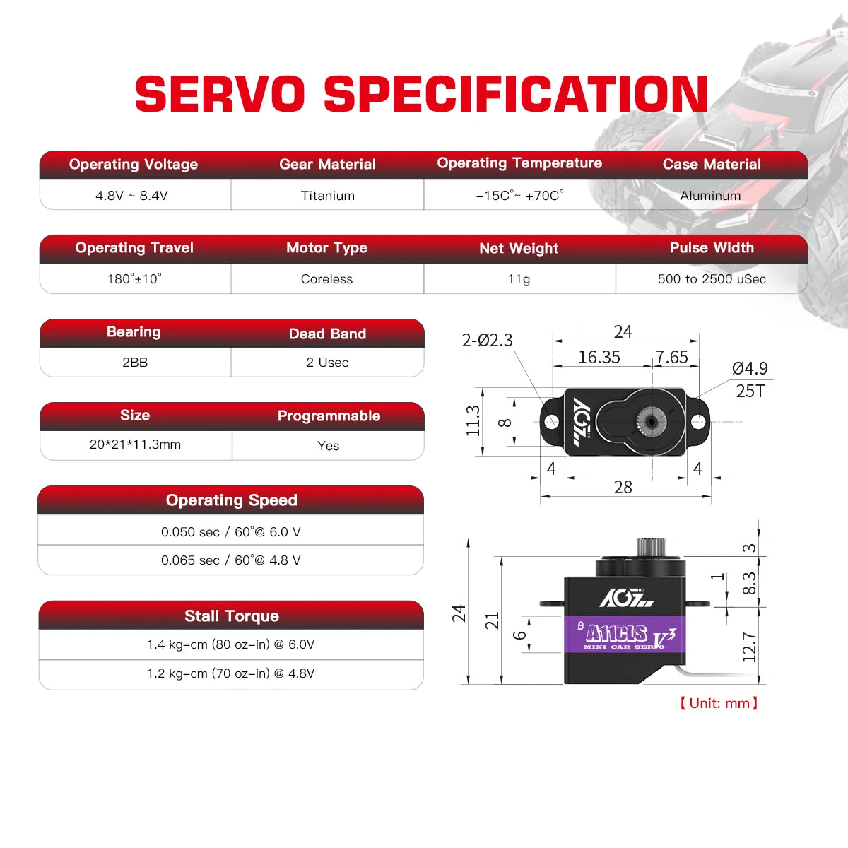 AGFRC A11CLS V3, 4.8V 8.4V Titanium 15C8 +70C Aluminum Operating Travel Motor Type