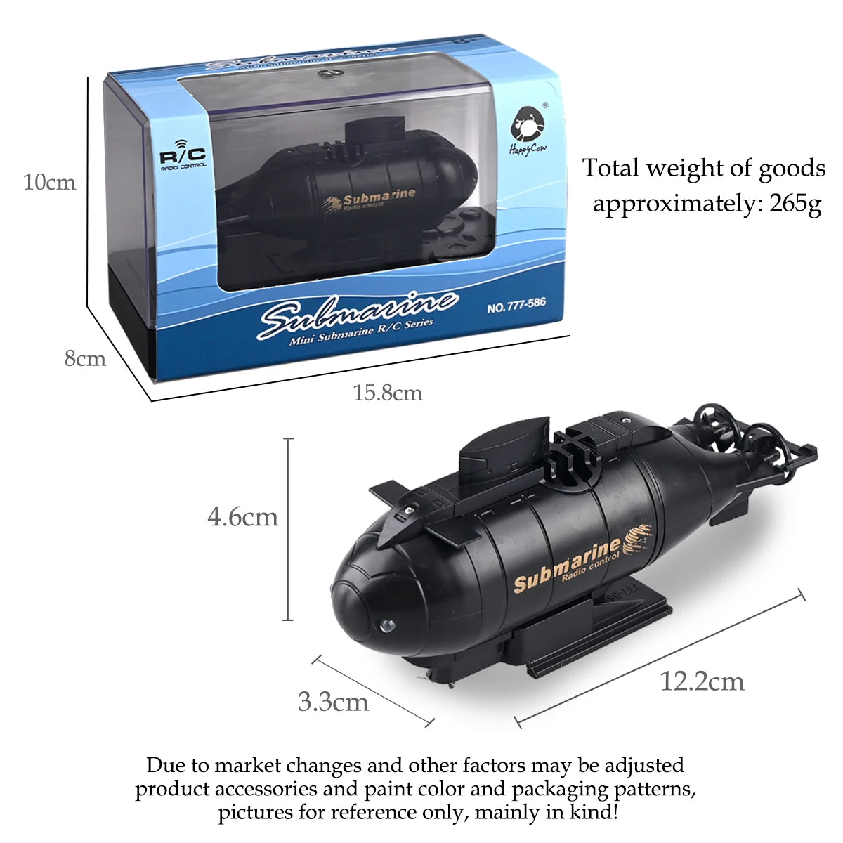 NEUSNEY Mini RC Submarine Toy RC Boat, Mini RC Submarine 777-586 features twin propellers, USB-rechargeable battery, realistic design, radio control, and comes in a blue box; specs and accessories may vary. (24 words)
