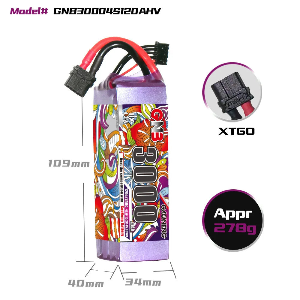 GNB 4S HV 15,2V 3000mAh 120C/240C Lipo Drönarbatteri med XT60 XT90