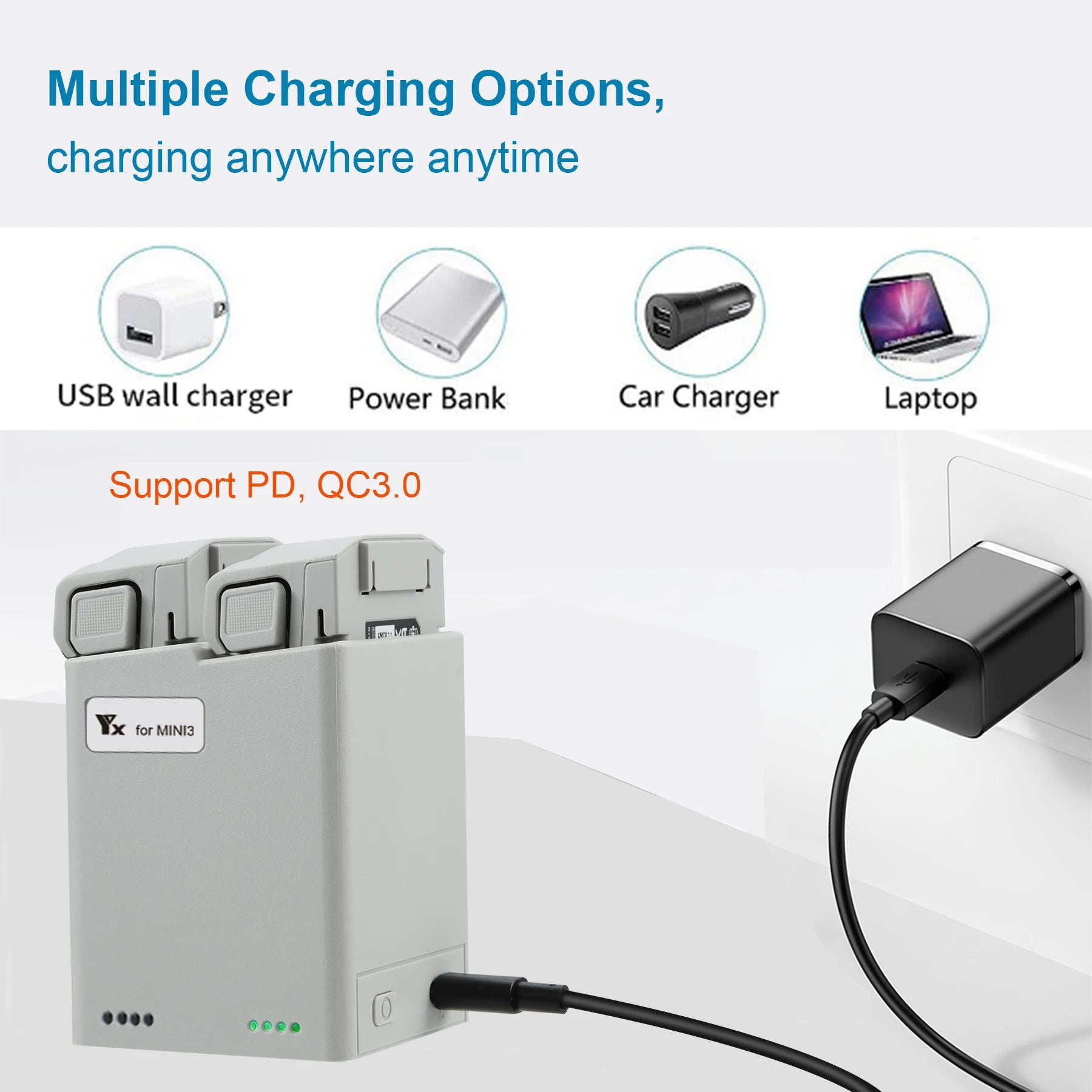 Multiple Charging Options, charging anywhere anytime USB wall charger Power Bank Car Charger Laptop Support 