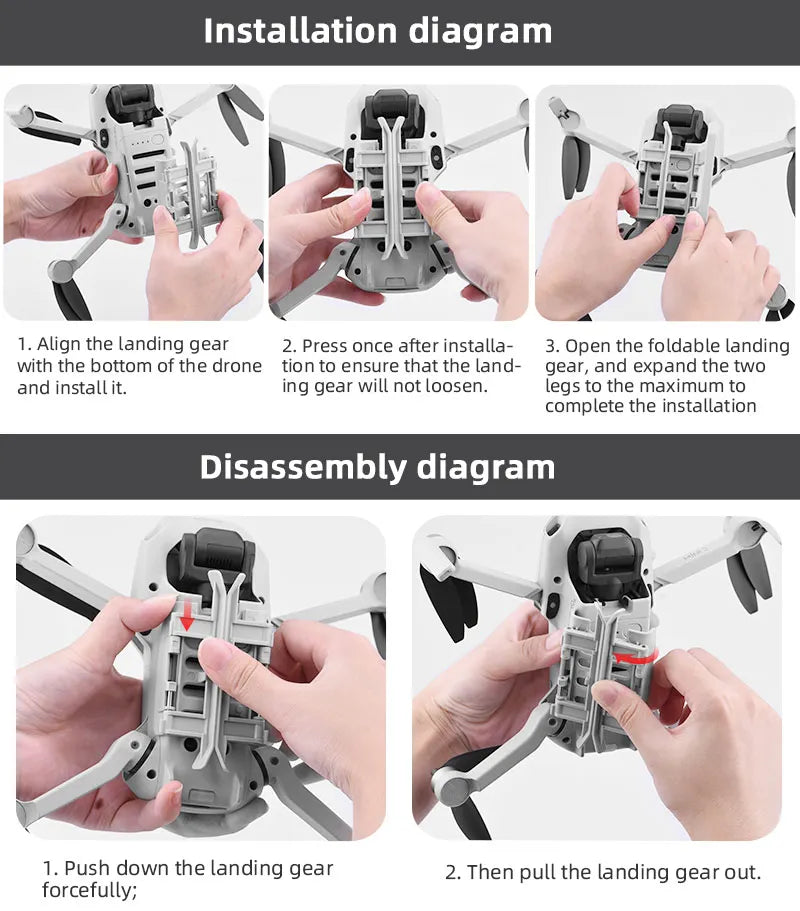 Foldable Heightening Landing Gear Leg Heighten for DJI Mavic Mini 2/Mini SE Drone Accessories Drone Feet Stand Support Protector 26 Foldable Heightening Landing Gear, installation diagram 1. Align the landing gear 2. Press once after installa - 3. Open the