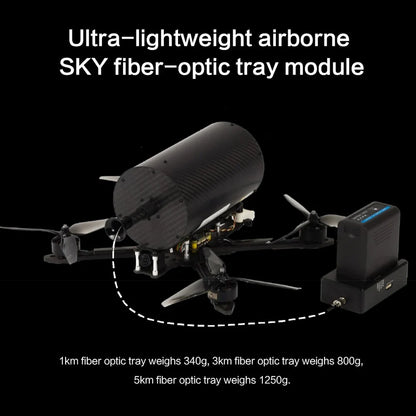 Ultra-lightweight SKY fiber-optic tray module for drones, available in 1-10km ranges with specified weights.
