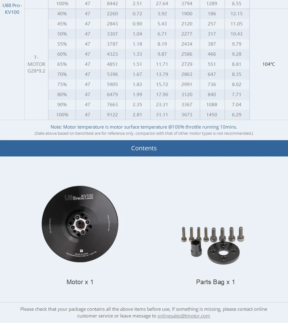T-motor U8II PRO KV100 Brushless Motor 9.1KG Thrust high IP leve Efficient For Hexacopter Quadcopter UAV RC Drone 12 T-motor U8II PRO KV100 Brushless Motor SPECIFICATION