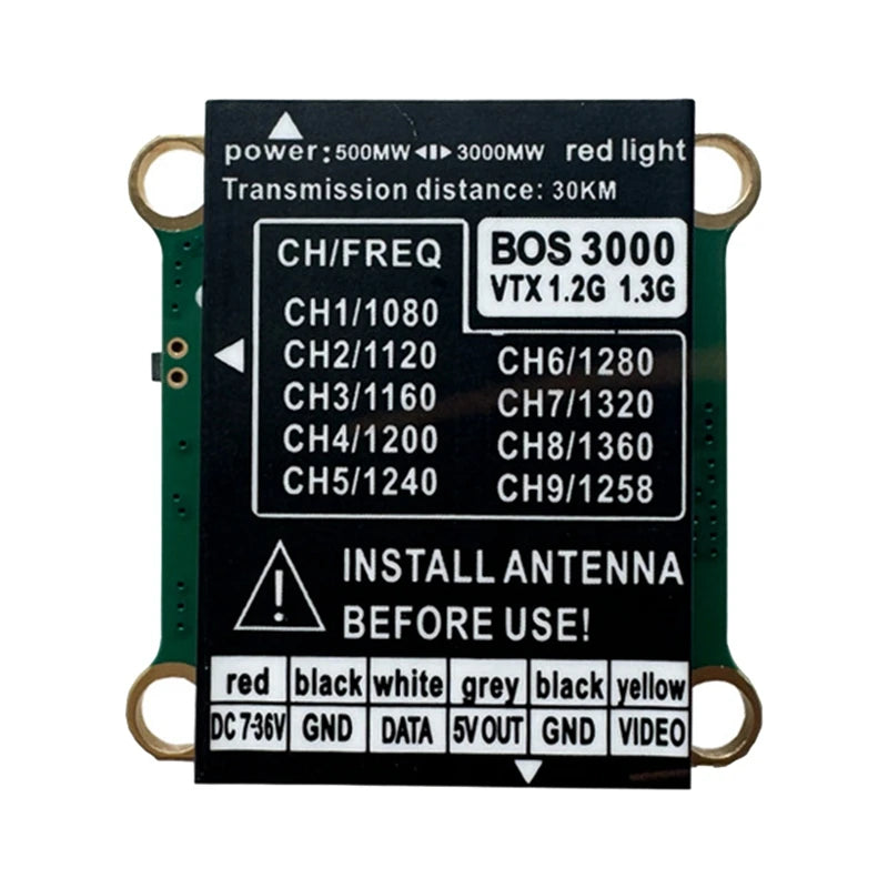 1.2G 1.3G 3W 9CH VTX, High-power FPV transmitter for DIY drones, supporting PAL and NTSC formats, with 3W output on multiple channels.