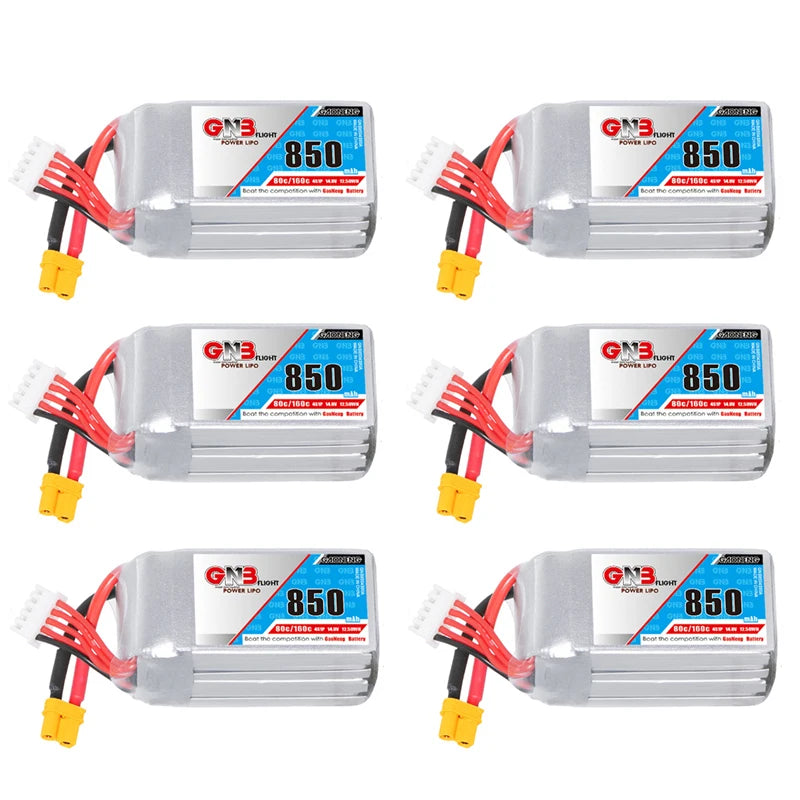 GNB 4S 14.8V 850mAh 80C/160C Lipo Battery, A high-performance LiPo battery for FPV racing drones, offering 14.8V, 850mAh capacity and speeds of up to 80C/160C.