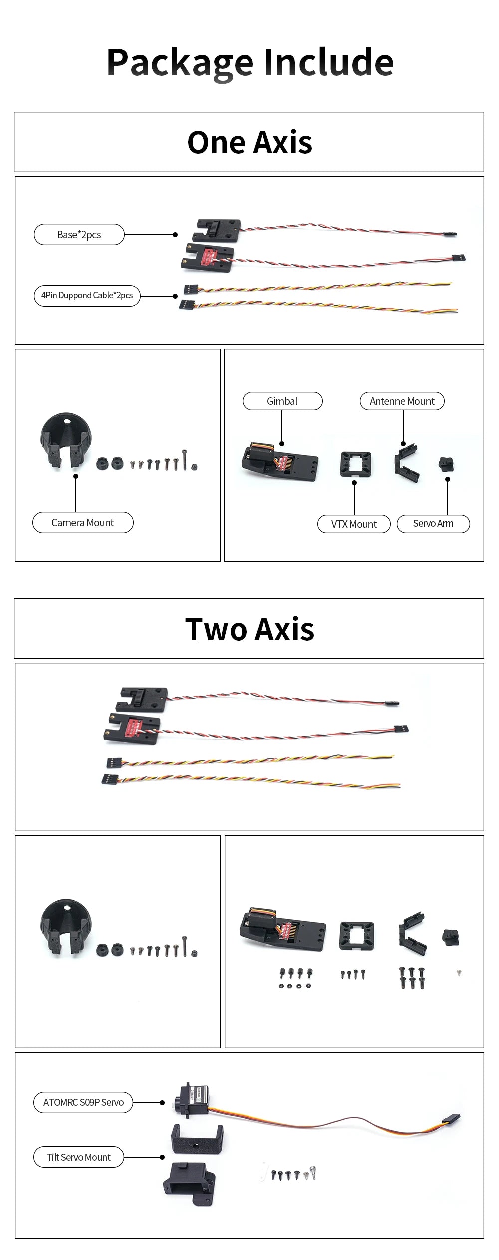 ATOMRC 1 Axis 2 Axis Gimbal, Package Include One Axis Base*Zpcs 4Pin Duppond Cable