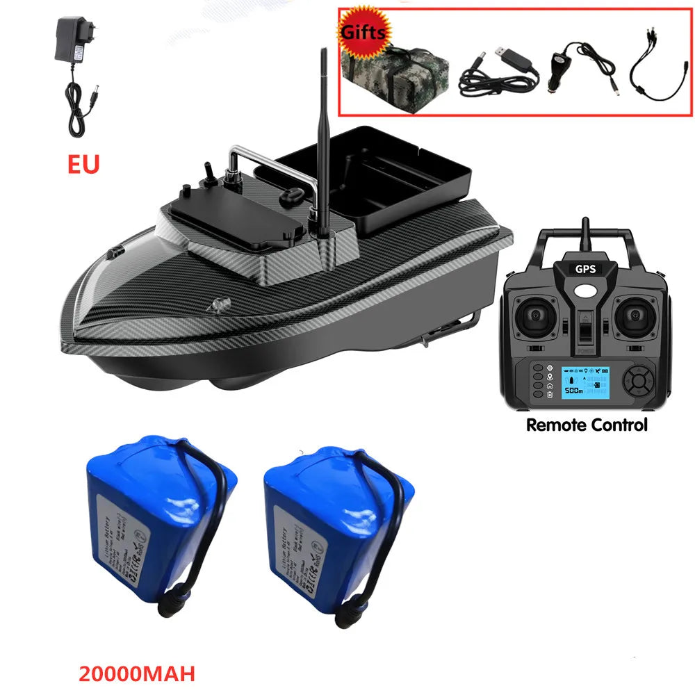 Tccicadas V060 GPS Fishing Bait Boat, GPS fishing bait boat with 500M range, dual motors, auto-return, 2kg hopper, 20000mAh battery, EU plug, and remote control.
