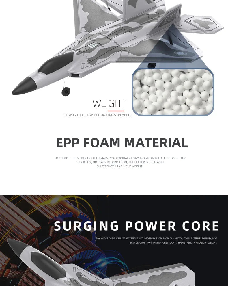 The BM22 F22 Fighter is a remote control airplane made of EPP foam material, suitable for beginners and experienced pilots.