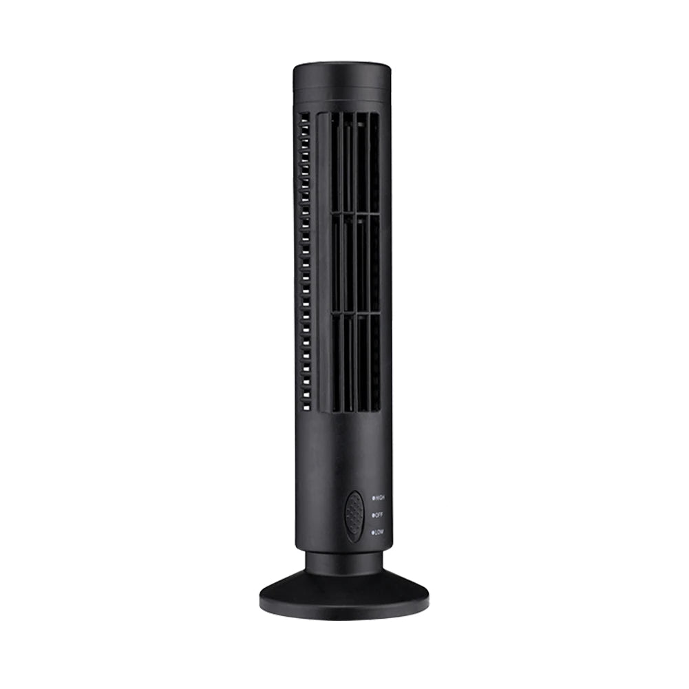 USB LED bladeless tower fan, black finish with front air outlet grille and round base