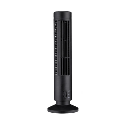 USB LED bladeless tower fan, black finish with front air outlet grille and round base