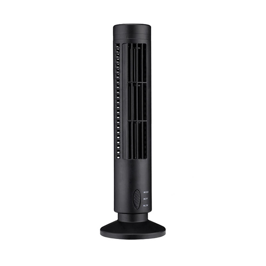 USB LED bladeless tower fan, black finish with front air outlet grille and round base