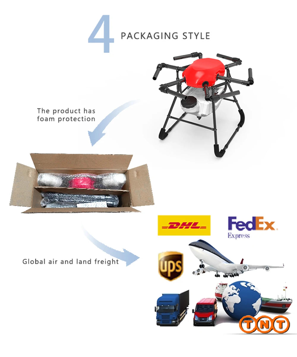 Agricultural spraying drone frame kit, shipped via FedEx, tested for quality control.