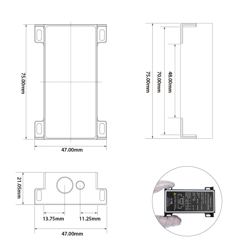 Industrial laser sensor with 620–690nm range, 1–2mm accuracy, IP54 rating, 3Hz speed, and compact 75×47mm size.