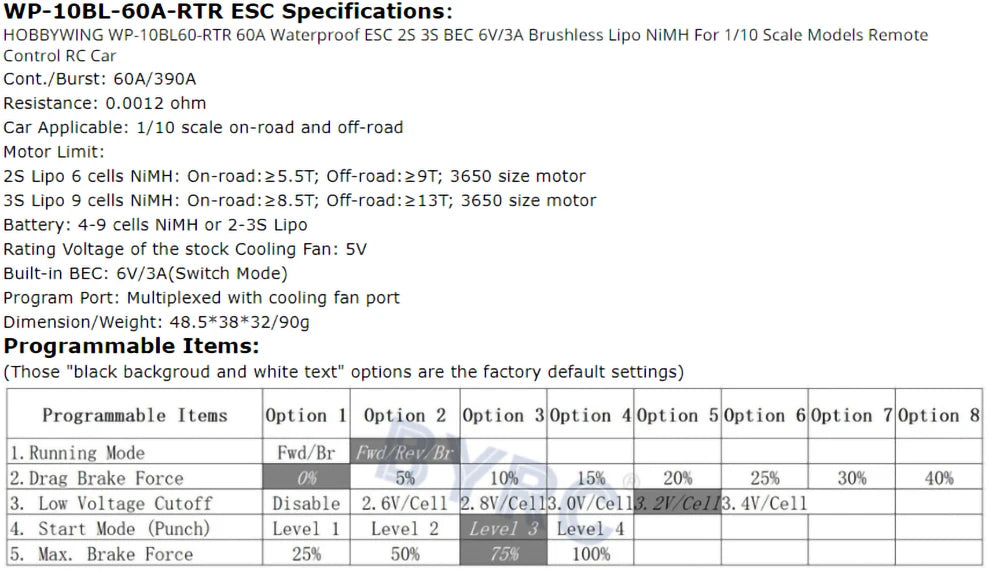 Waterproof speed controller for brushless motors in 1/10 to 1/5 scale RC cars.