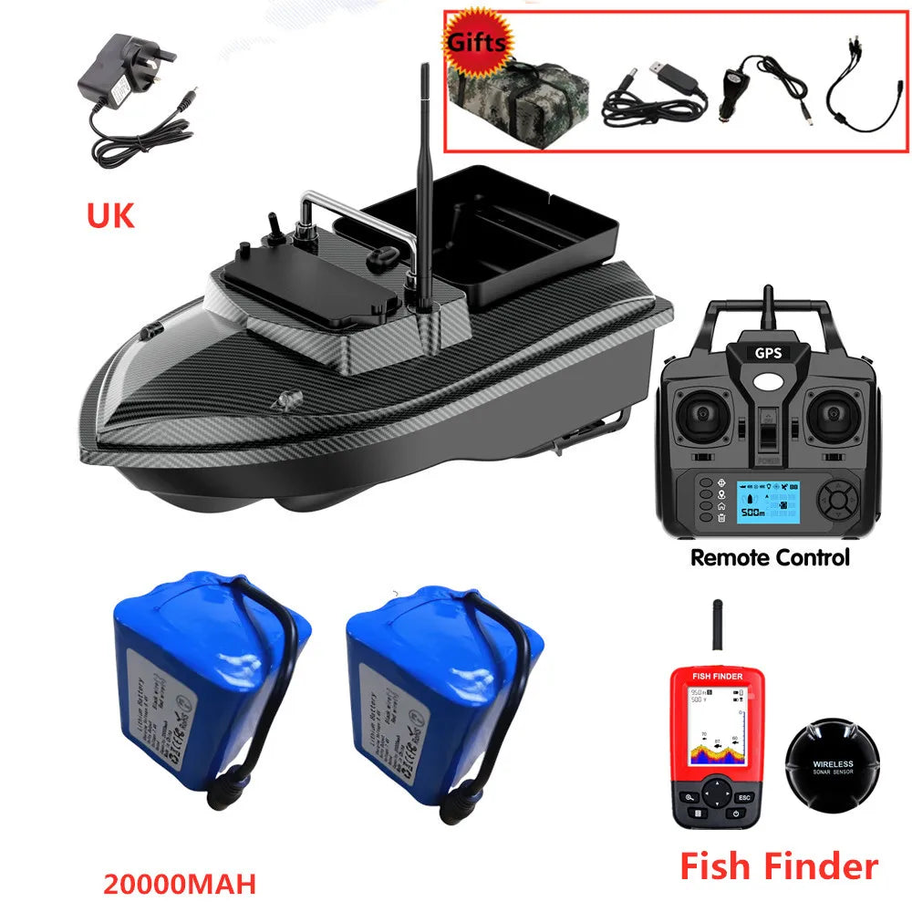 Tccicadas V060 GPS Fishing Bait Boat, GPS fishing boat with 500m range, 160 positions, and features like auto return and dual motors.