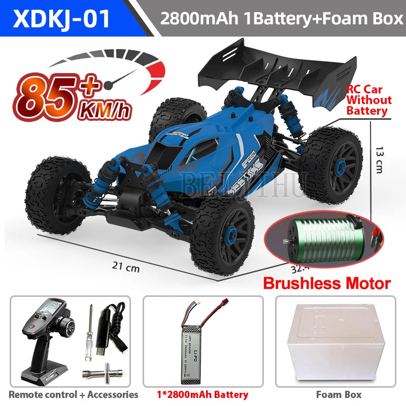 XDKJ-01 drone: 2800mAh battery, brushless motor, 85+ km/h speed, 2.4GHz remote, foam box, and accessories included.