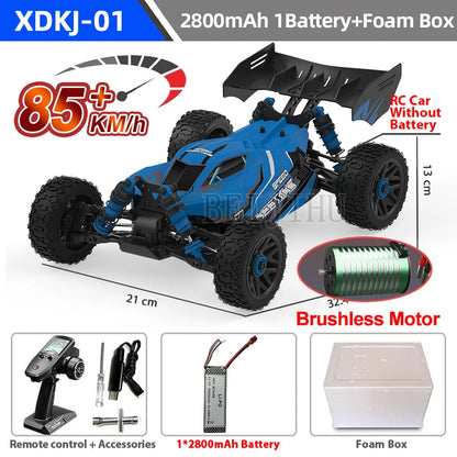 XDKJ-01 drone: 2800mAh battery, brushless motor, 85+ km/h speed, 2.4GHz remote, foam box, and accessories included.