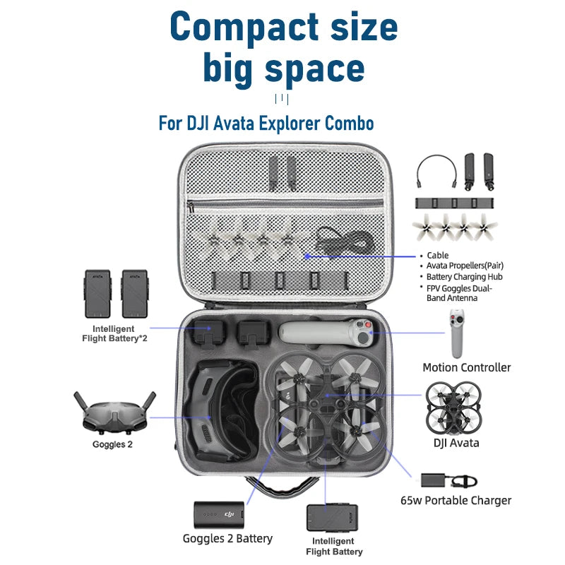 Waterproof PU storage case for DJI Avata Explorer Combo, fits drone, goggles, batteries, charger, controller, props, and accessories. Includes strap. Compact and durable.